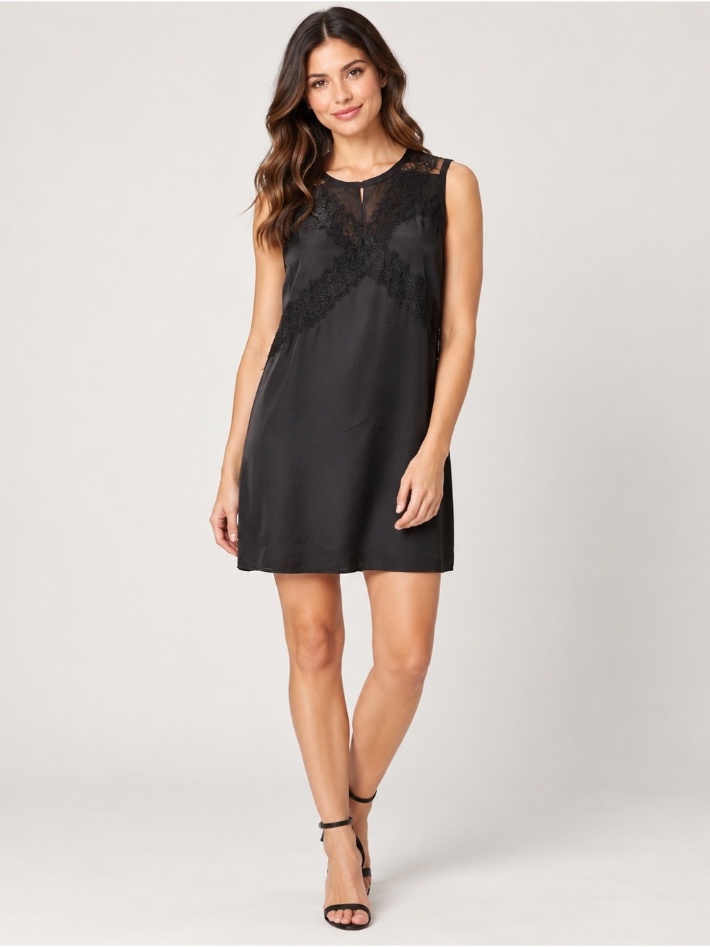 Bebe Black Lace Satin Mini Shift Dress Size Large Sleeveless Cocktail Party
